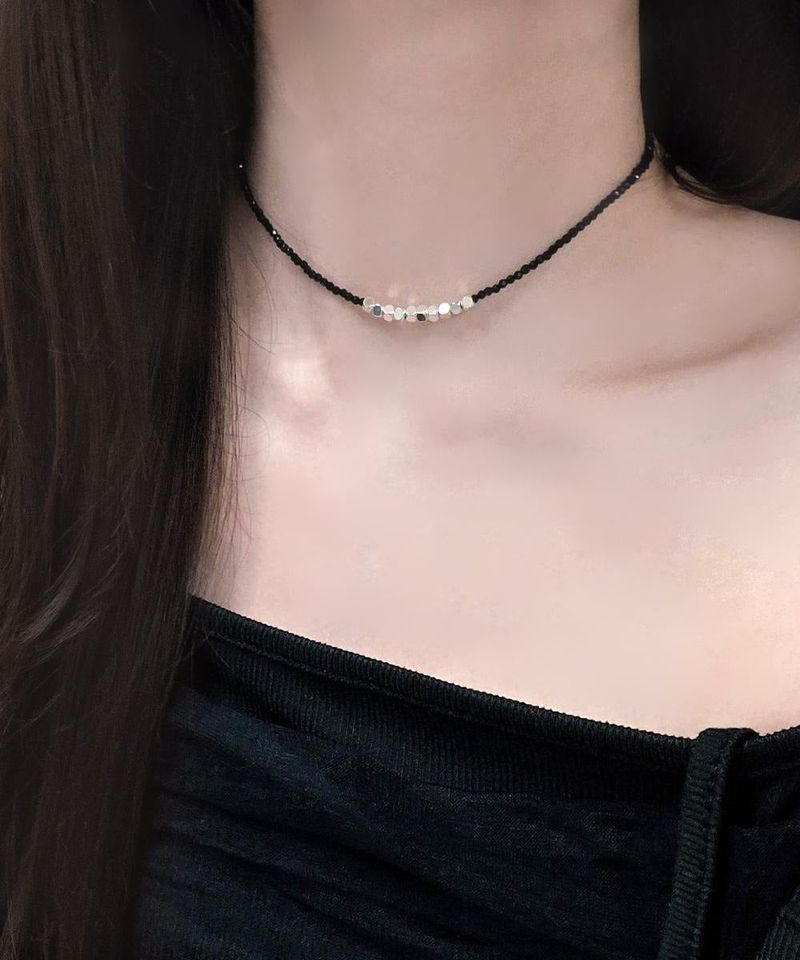 Black Rondelle beads silver cube necklace