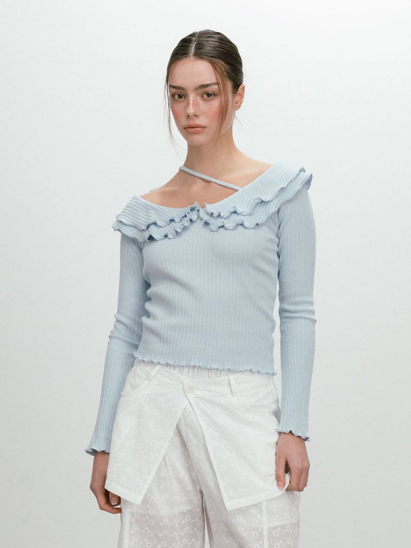 MOIFAIRE（モイフェア）の「FRILL OFF SHOULDER T-SHIRT / SKYBLUE（Tops）」