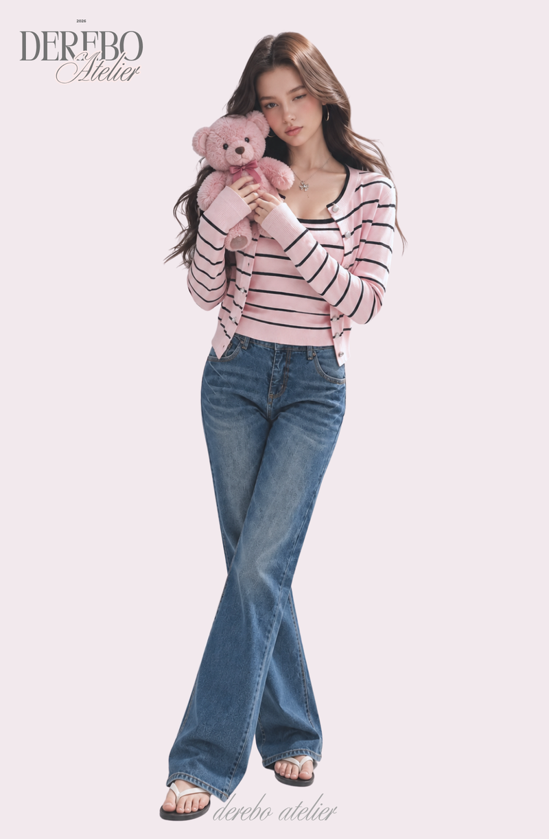 Pink Stripe Inner Cardigan Two-Piece Set