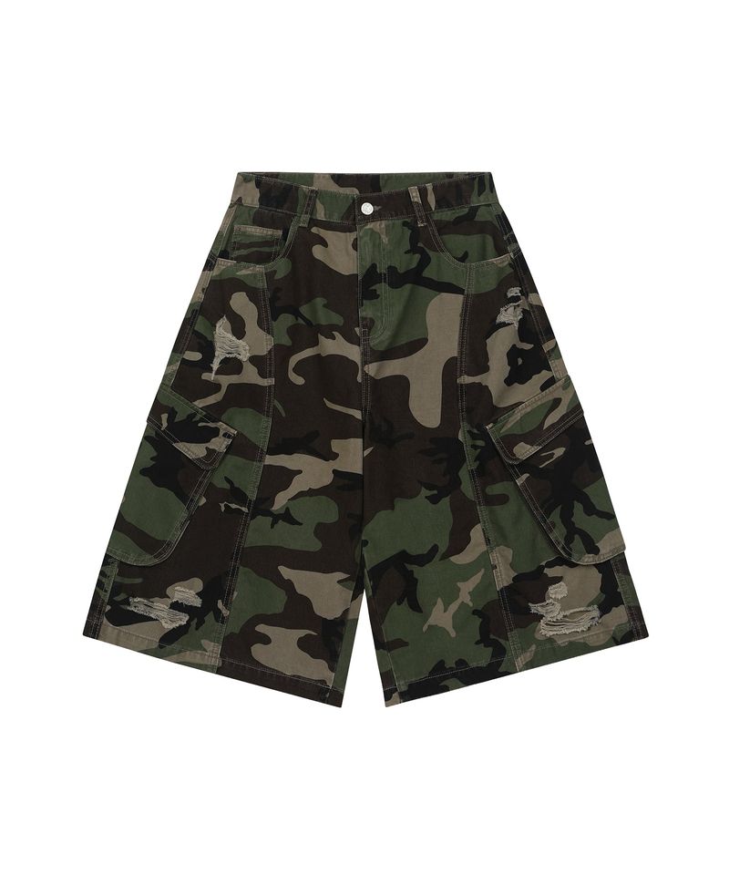Distressed Camo Cargo Bermuda Pants - CAMO