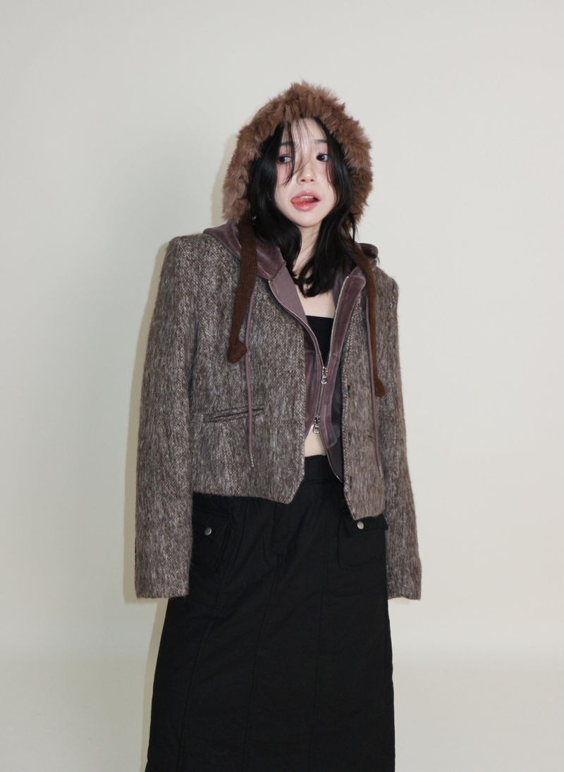 Linda Brush Mohair Crop Long Sleeve Jacket