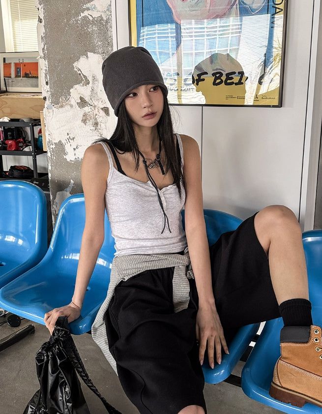 Yojeu Button Ribbed Layer Sleeveless