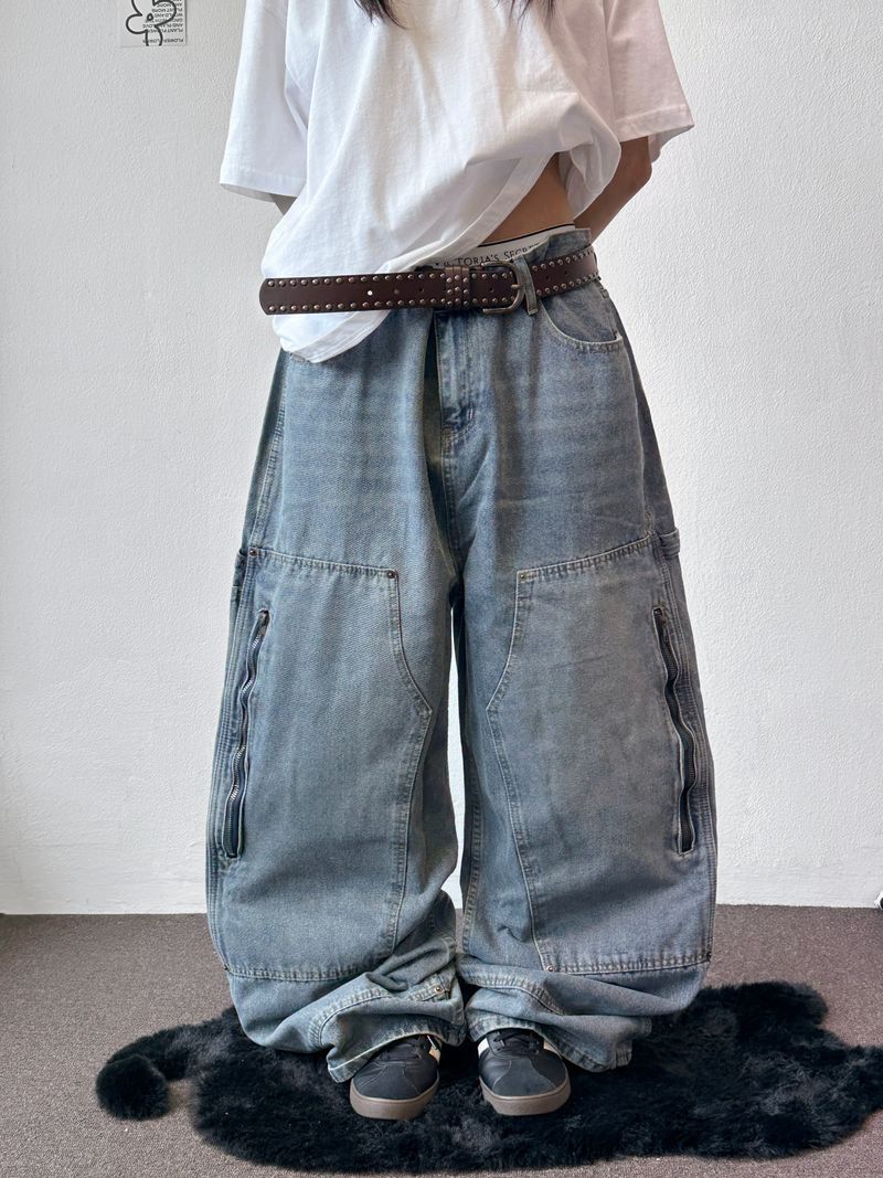 Kuchi Side Carpenter Zip Wide Balloon Pants 3color