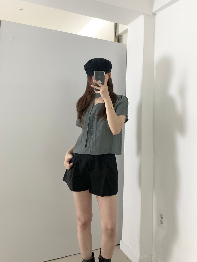 Blian Puff Short Sleeve Blouse Scarf Tie Set