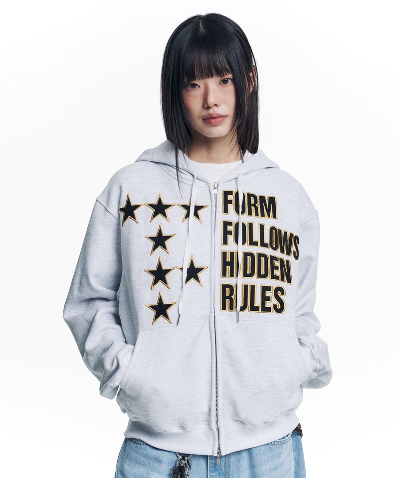 Star Lettering Patch Hoodie Zip-Up - White