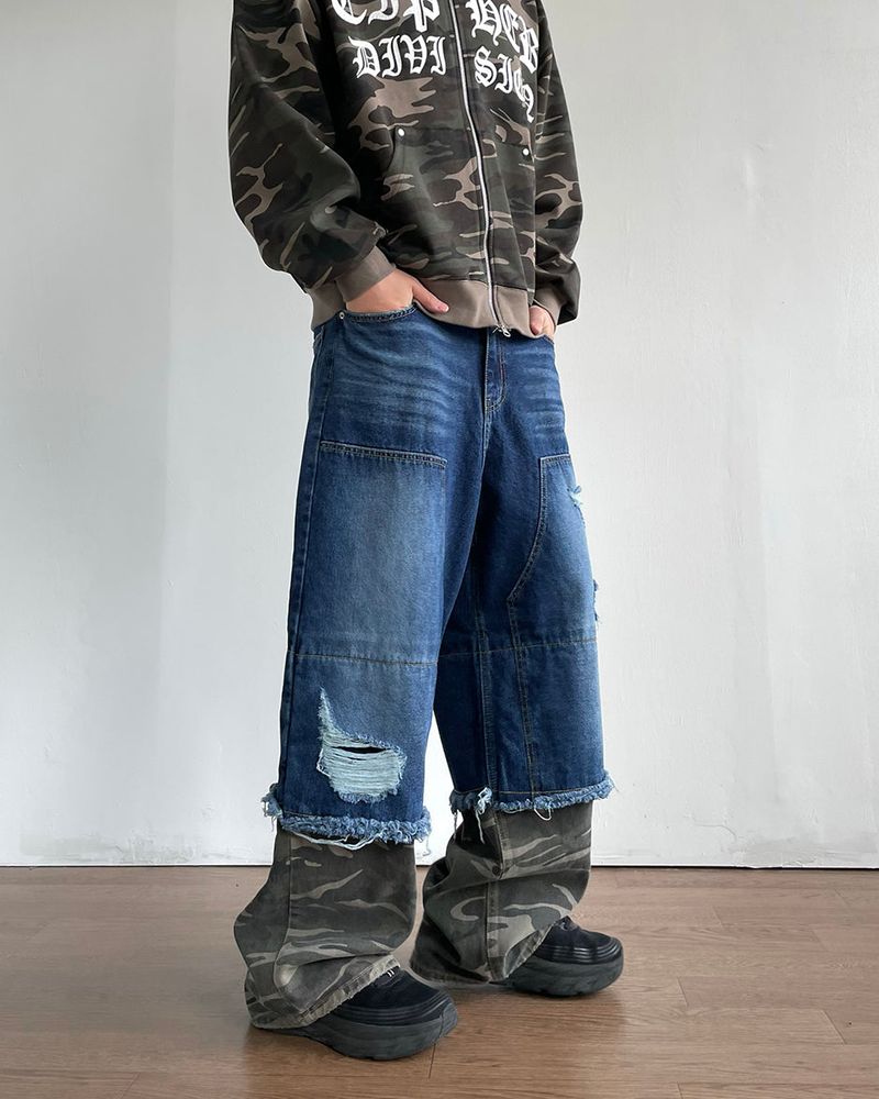 Destroyed Layered Camo Denim Pants