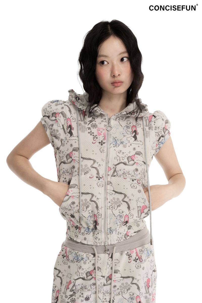 CONFUN（コンファン）の「CONFUN Original Girl Print Flared Hem Hooded Short Sleeve Pullover Cardigan（Tops）」