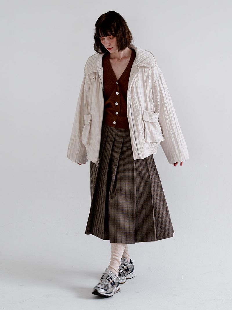 BROWN CHECK MIDI PLEAT SKIRT
