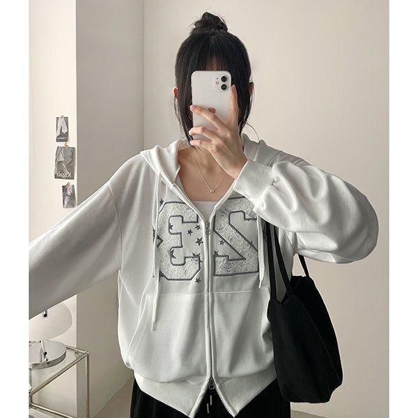 Connie Lace Numbering Embroidery Two Way Hooded Zip-Up