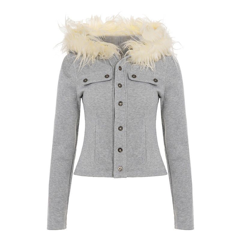 Fluffy Hood Button Jacket 233405412