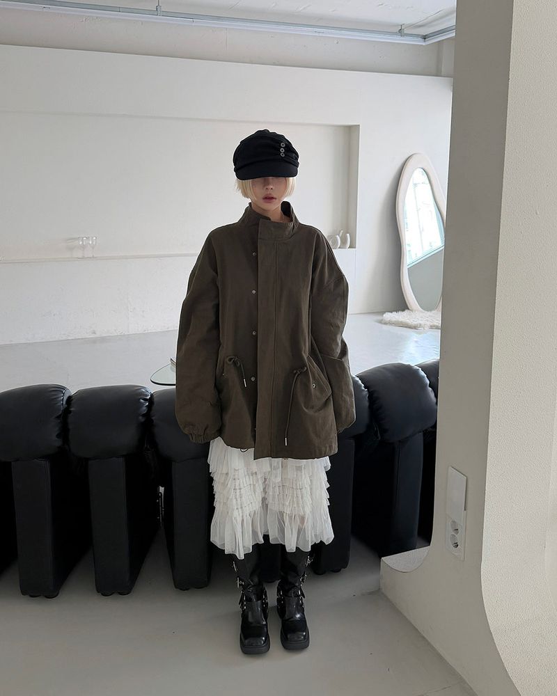 Button shirred back ribbon wrinkle sailor cap