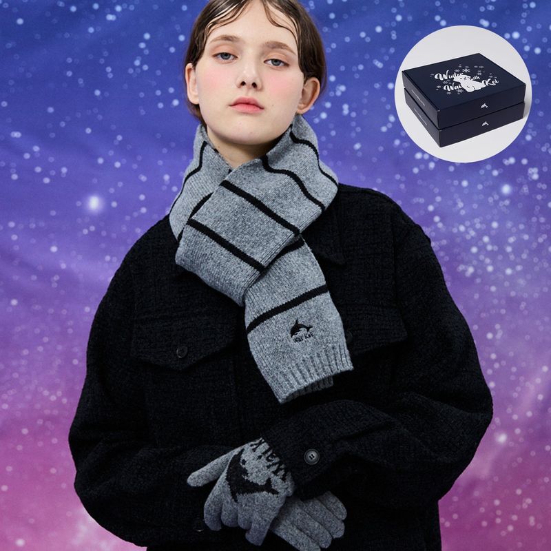 [Gift Box] Dolphin Stripe Knit Muffler + Gloves SET