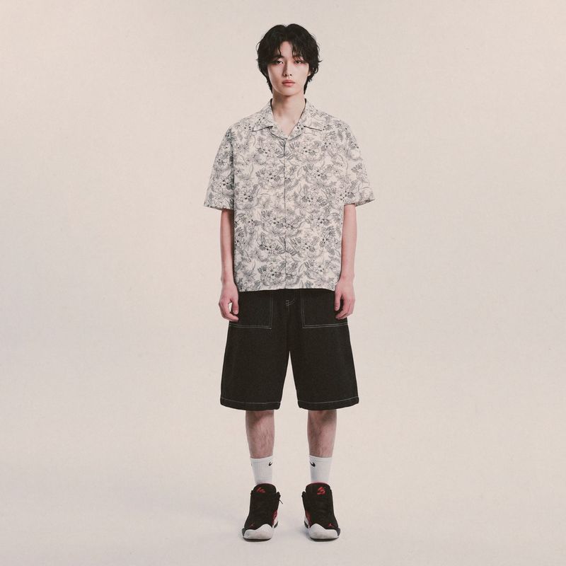 botanical drawing open collar shirt_ivory