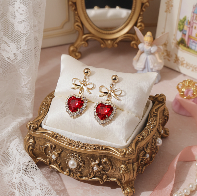 レッドハートアンドリボンピアス