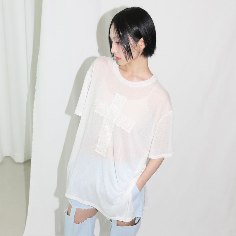 CLUT STUDIO（クラットスタジオ）の「Lace Cross Half T-shirt - IVORY（Tops）」