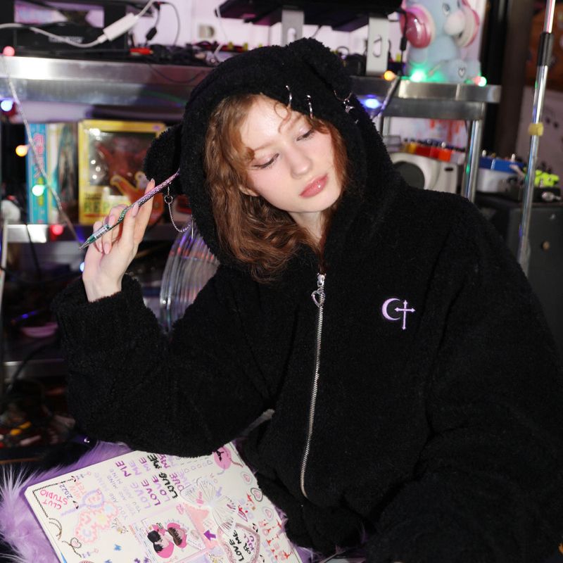 0 1 punk bear fleece jacket - BLACK