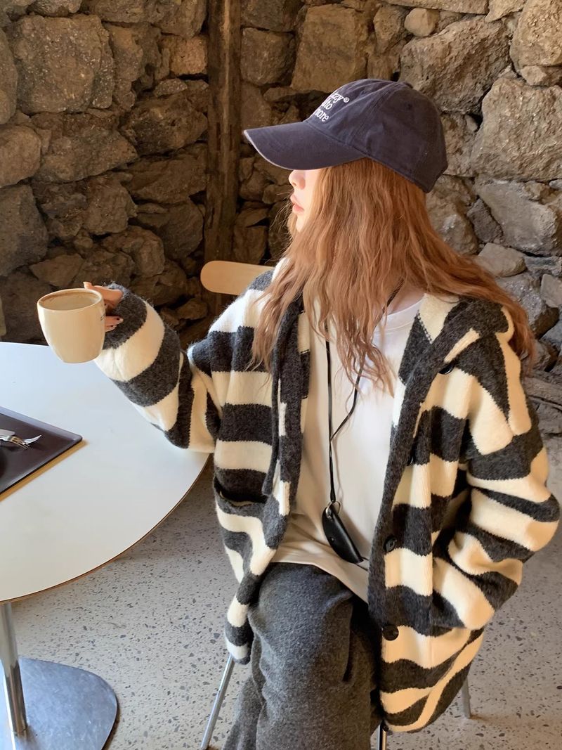 wool knit striped hooded over cardigan