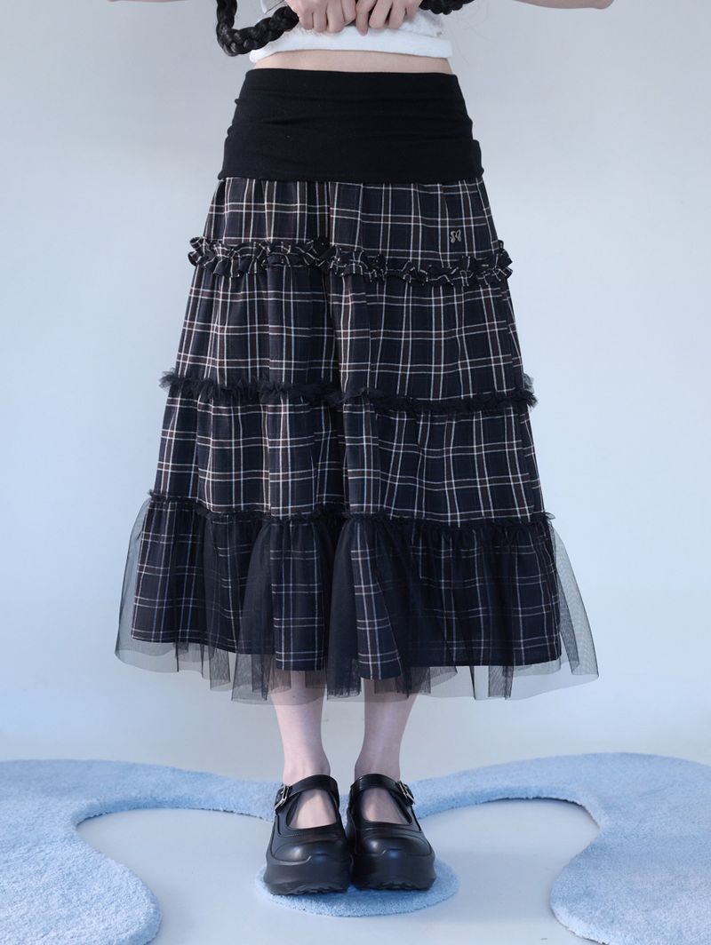 FOLDED CHECK FRILL MESH SK BLACK