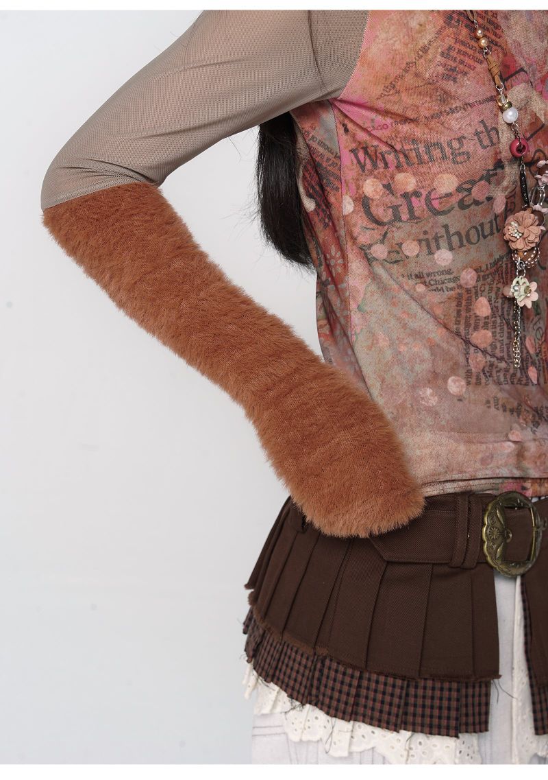 CONFUN original floral orange printed fur patchwork high-neck mesh base