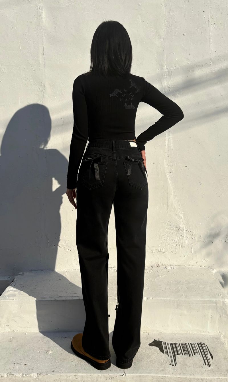 RIBBON SEMI-WIDE BLACK DENIM PANTS code 18318
