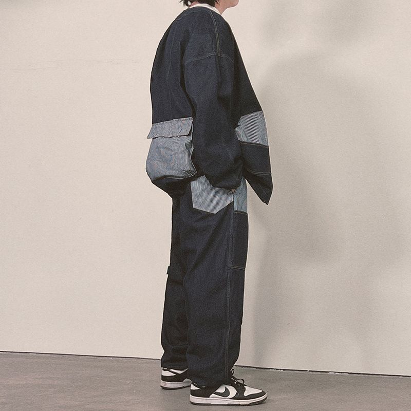 stripe patch denim cardigan_blue