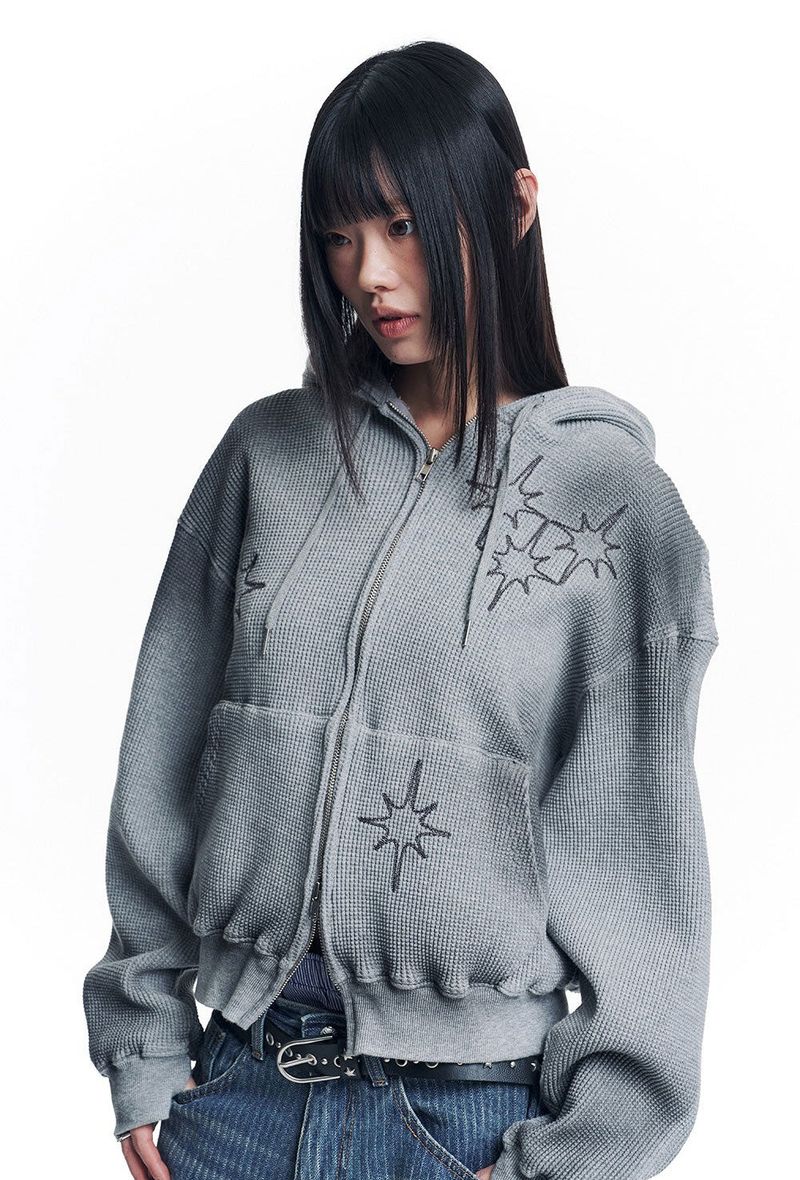 Washed Star Waffle Hooded Zip-Up - Grey