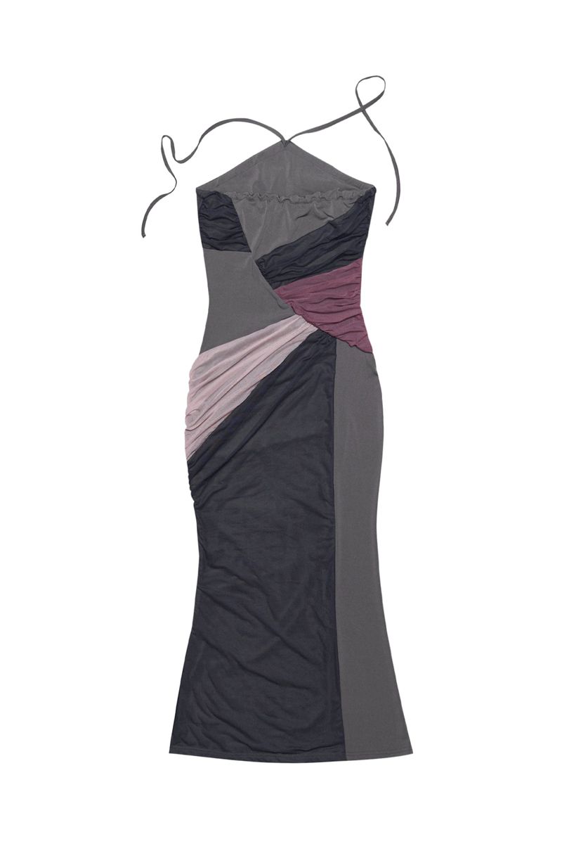SHIRRING HALTERNECK DRESS #GRAY
