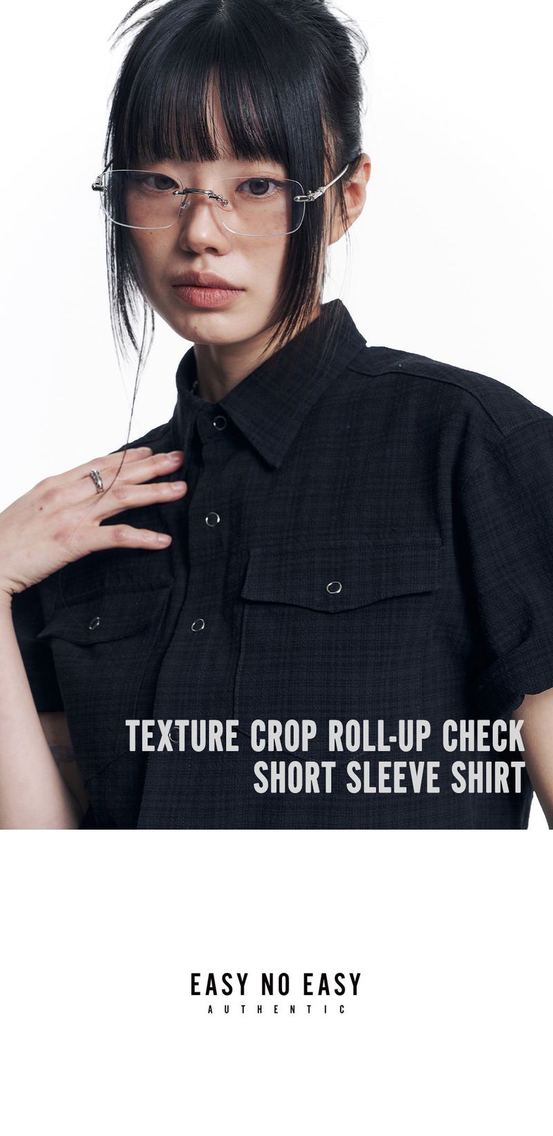 Texture Crop Roll-Up Check Short Sleeve Shirt - Black