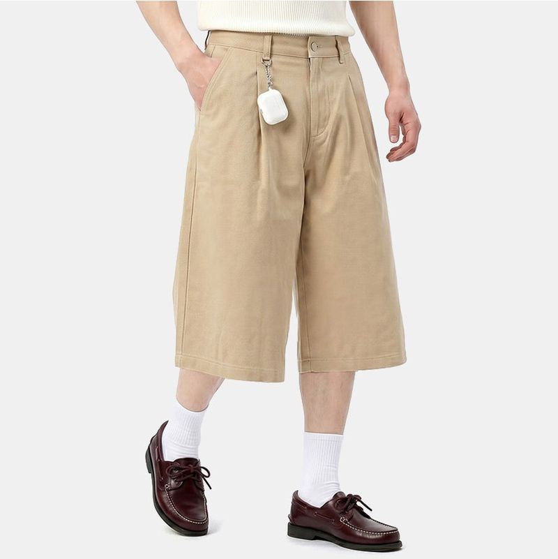Wide Cotton Pleated Bermuda Shorts Beige