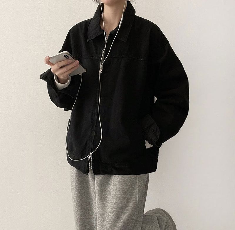 Rentto Basic Collar Zipper Loose Fit Cotton Jacket
