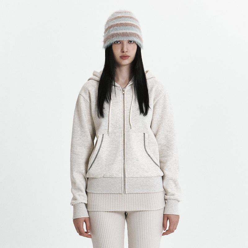 C VELVET LOGO FLEECE ZIP-UP HOODIE_OATMEAL