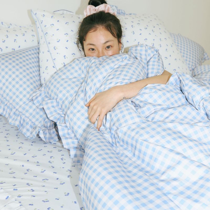 Dust-Free Gingham Check Frill Duvet Cover - K size