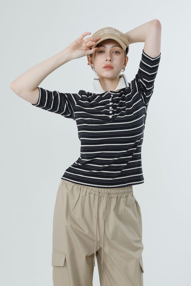 Loventina(ラヴェンティナ)の「MULTI STRIPE TENCEL T-SHIRT_CHARCOAL(Tops)」