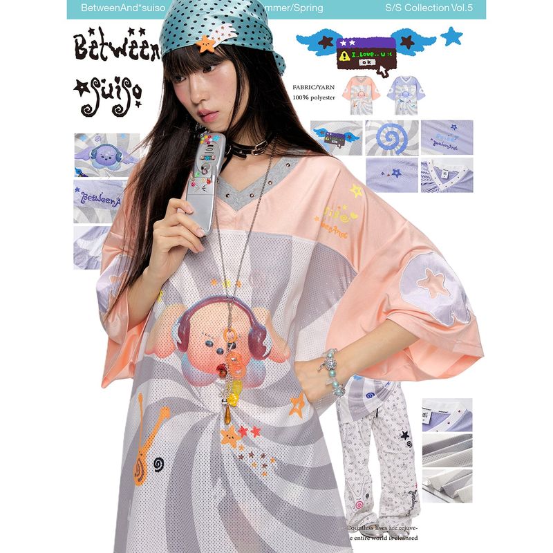 BETWEENANDxsuiso Summer Spiral-Print Angel Wing Short-Sleeve Jersey, Cute Cartoon Top, Fashionable