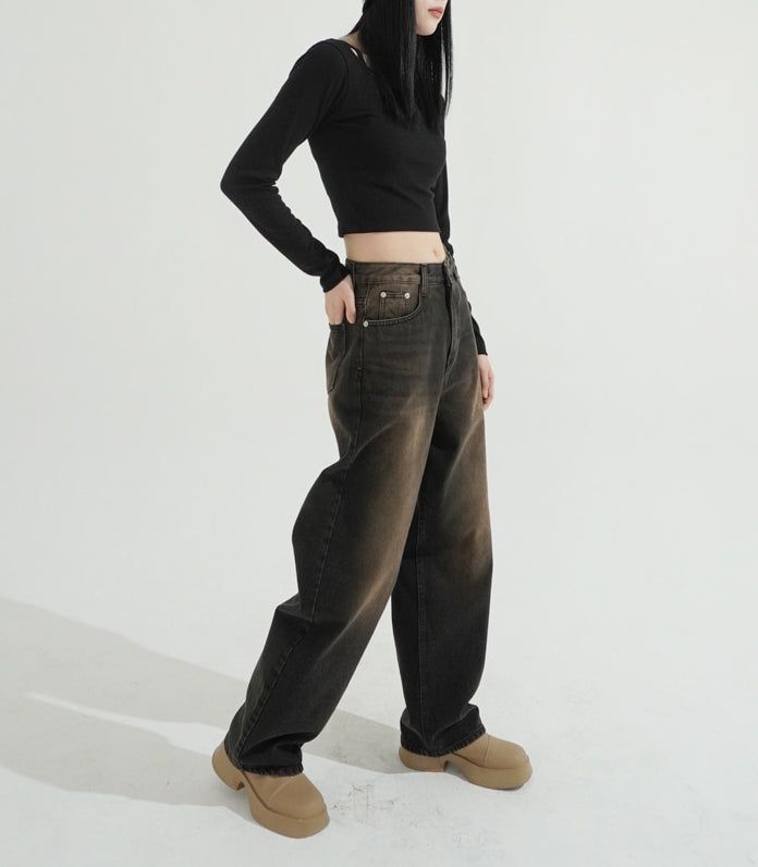 Brown Sand Brush Wide Denim Pants