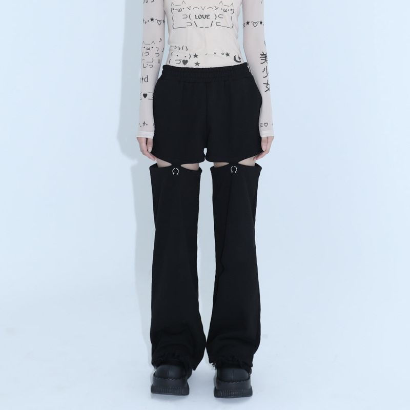 0 8 piercing cut out pants- BLACK