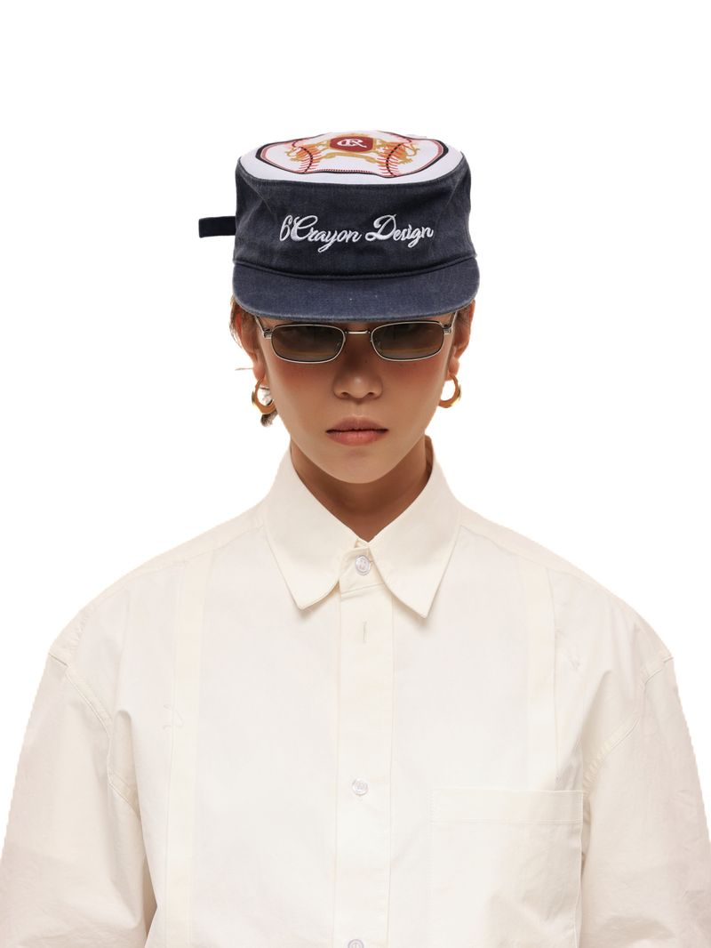 6CRAYON Flat Top Embroidered Navy Patchwork Baseball Cap