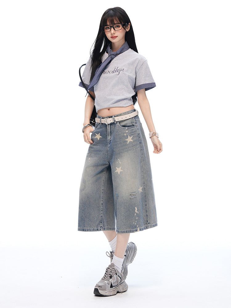 ヴィンテージスター プリントウォッシュド ワイドクロップドデニムパンツ