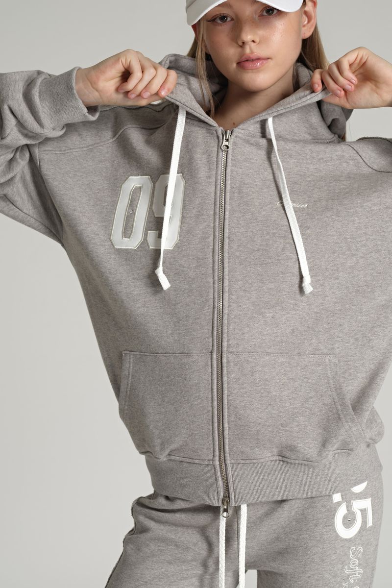 09 Numbering hooded zip-up, Gray
