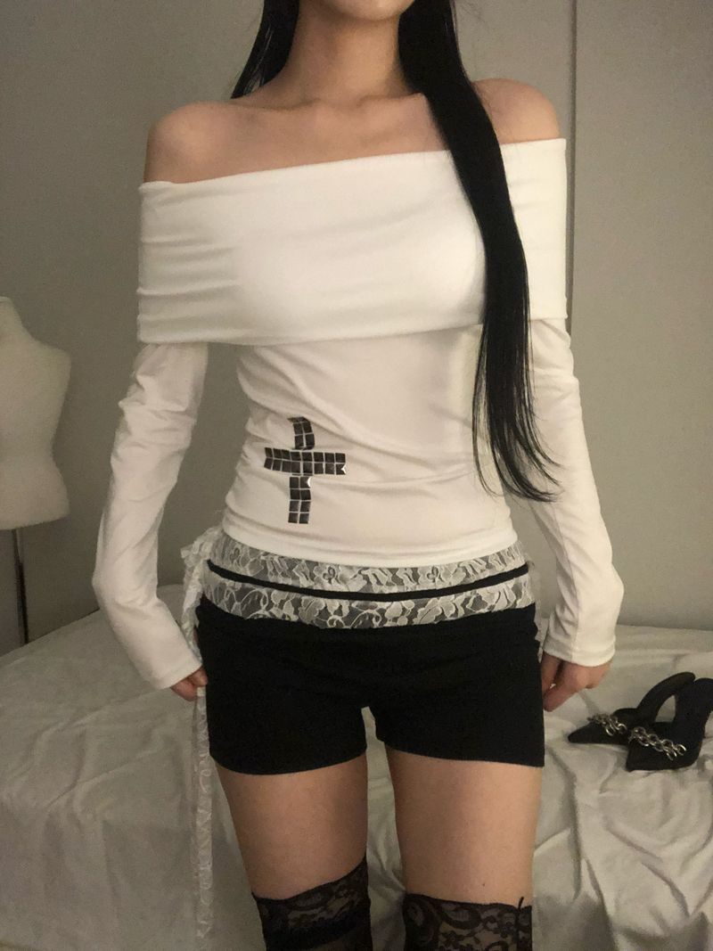Crystal Stud Cross Off-Shoulder T
