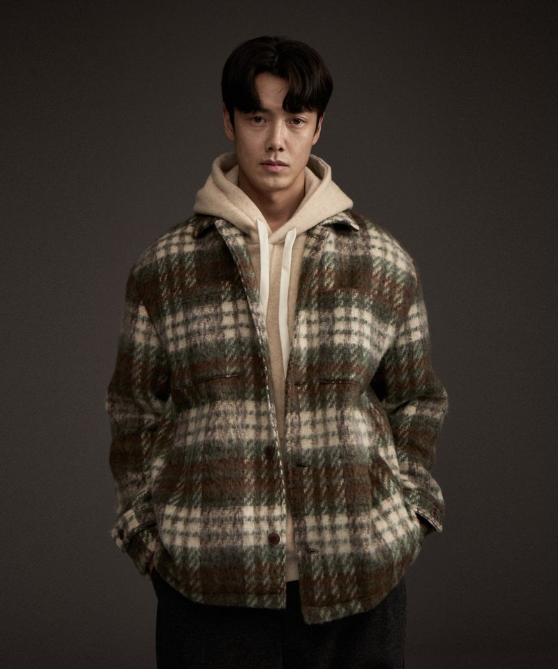COZY HAIRY CHECK JACKET KHAKI