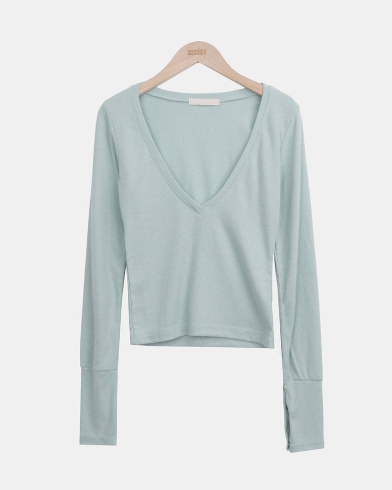 Poin Deep V-Neck Button-Sleeve Long-Sleeve T-Shirt