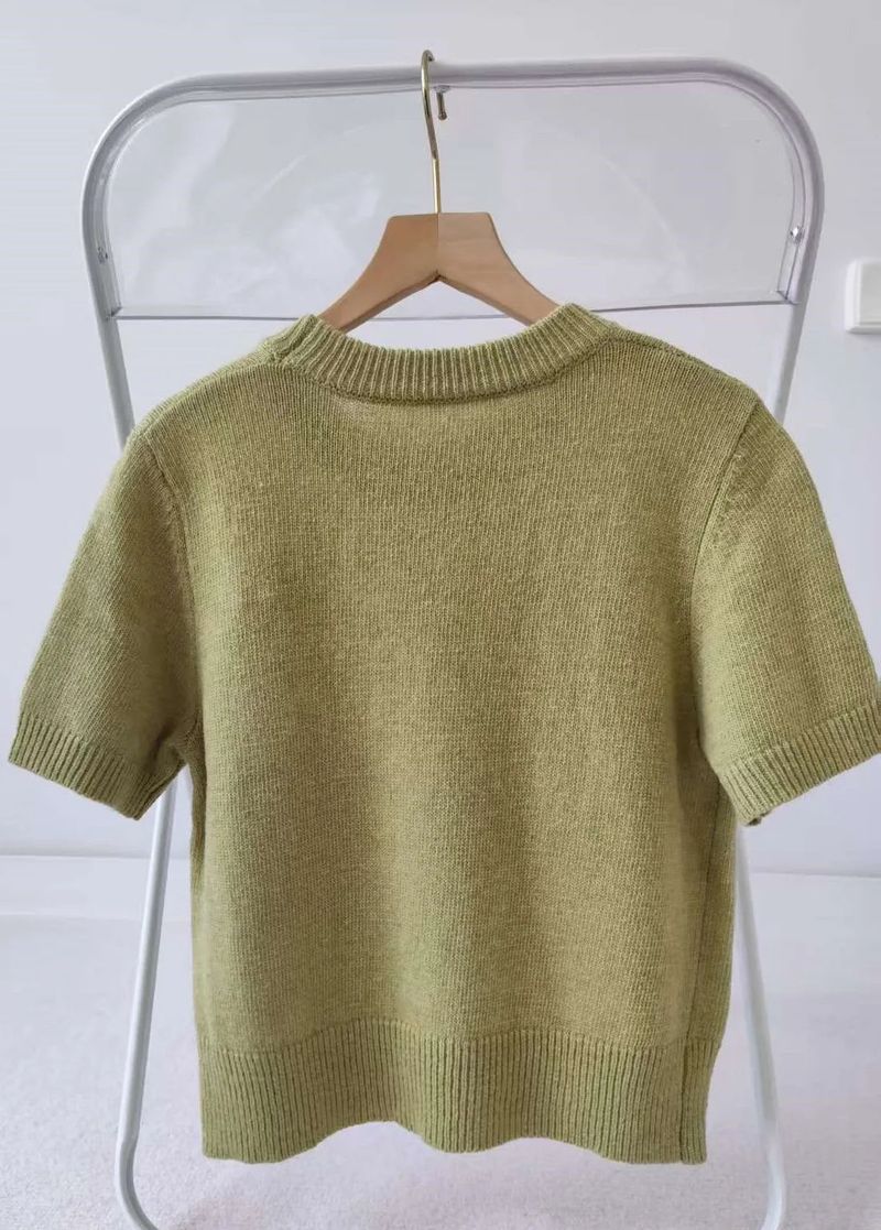 [1+1 Special] Tours Flower Decor Round Neck Wool Short Sleeve Knit