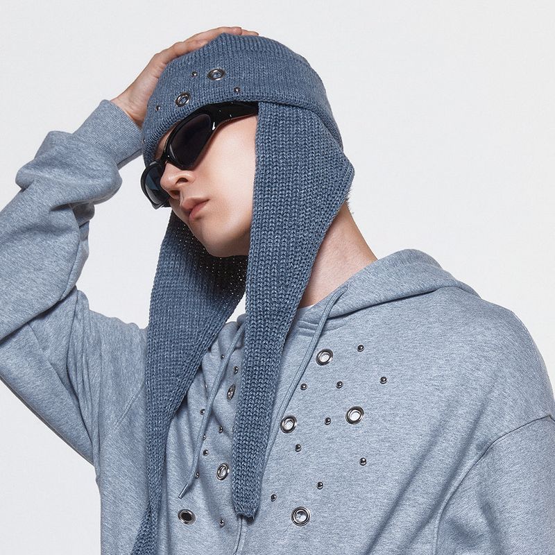 (DUC) Eyelet Stud Earflap Beanie Gray