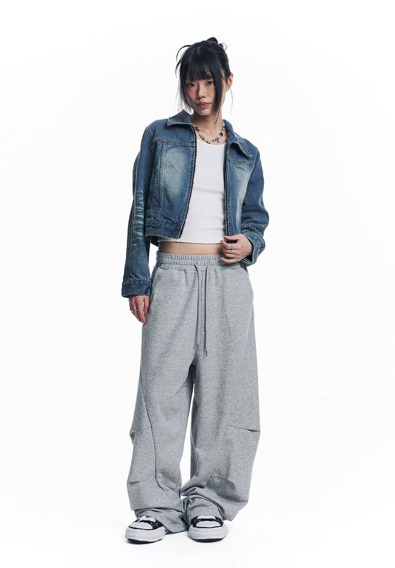 Washed Crop Track Denim Jacket - Deep Blue