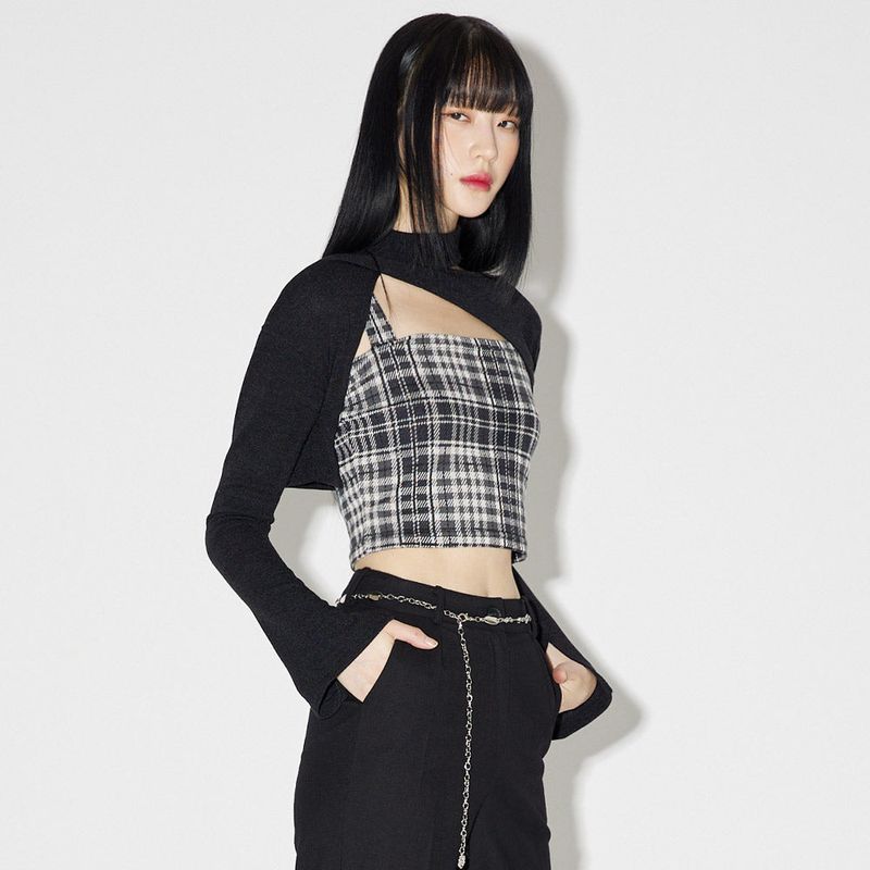 レイヤードチェックニットセット / Layered Check Knit Set [BLACK]