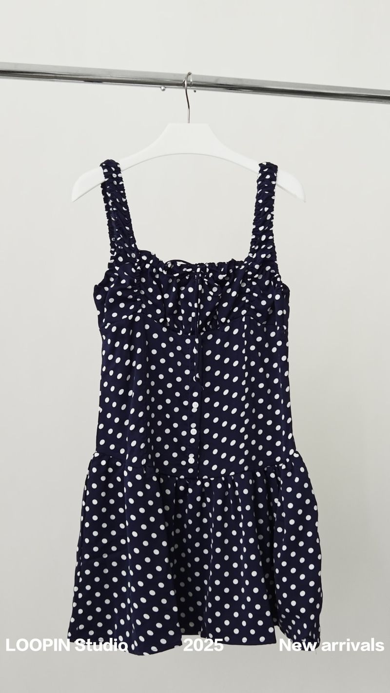 Navy Dotted Square Neck Flared Dress