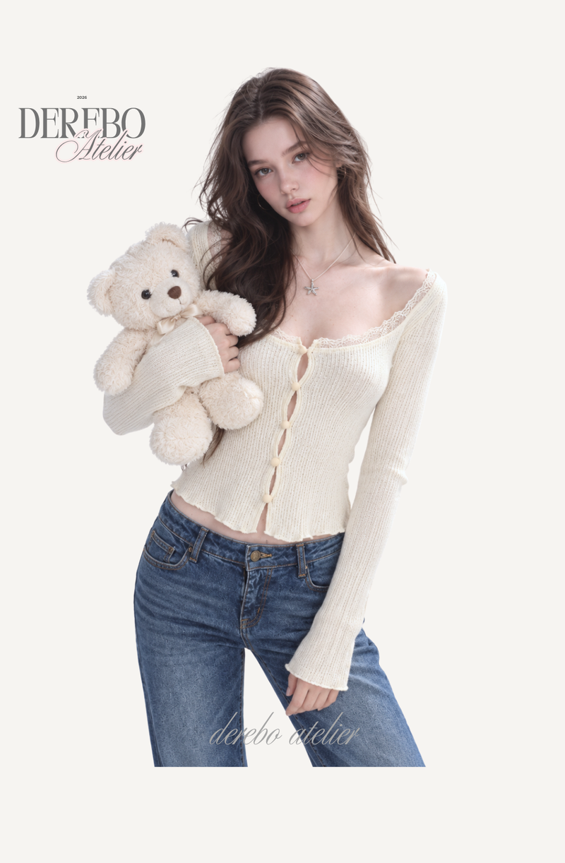 Jacquard square-neck knit long-sleeve cardigan