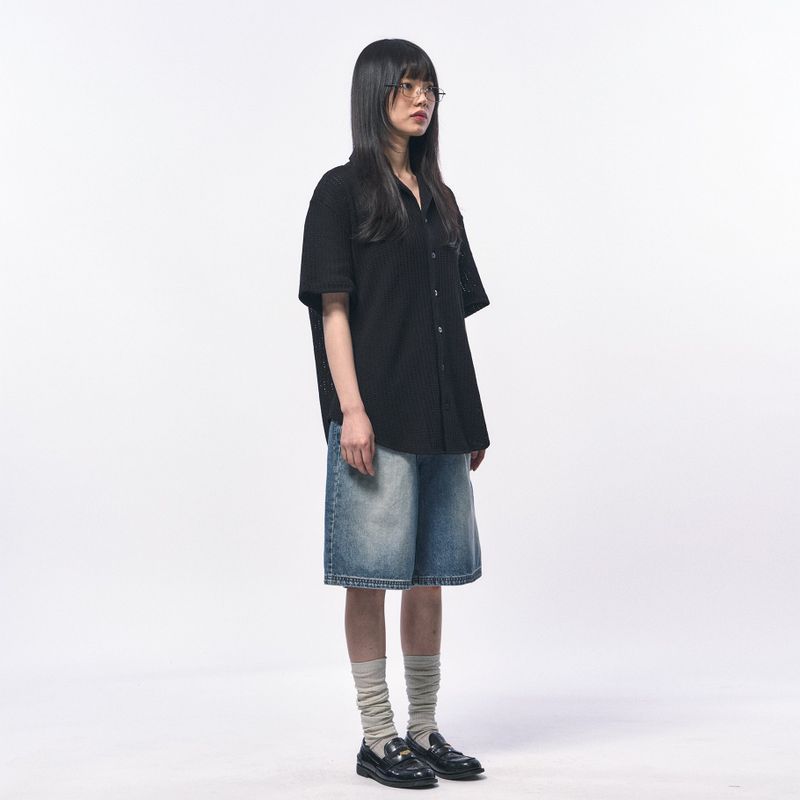 CROCHET KNIT HALF SHIRTS BLACK