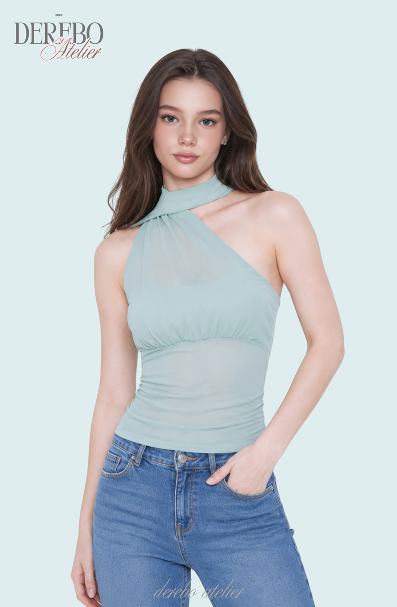 one-shoulder mint chiffon sleeveless top